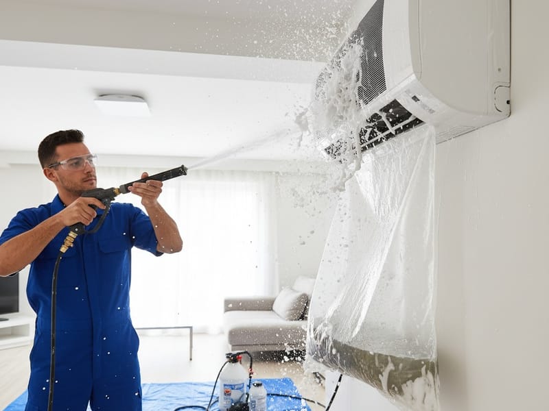Split AC foam water jet service in action - Magic AC Ahmedabad